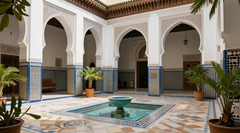 Riad c’est quoi, aperçu d’un patio marocain avec zellige, bassin et végétation